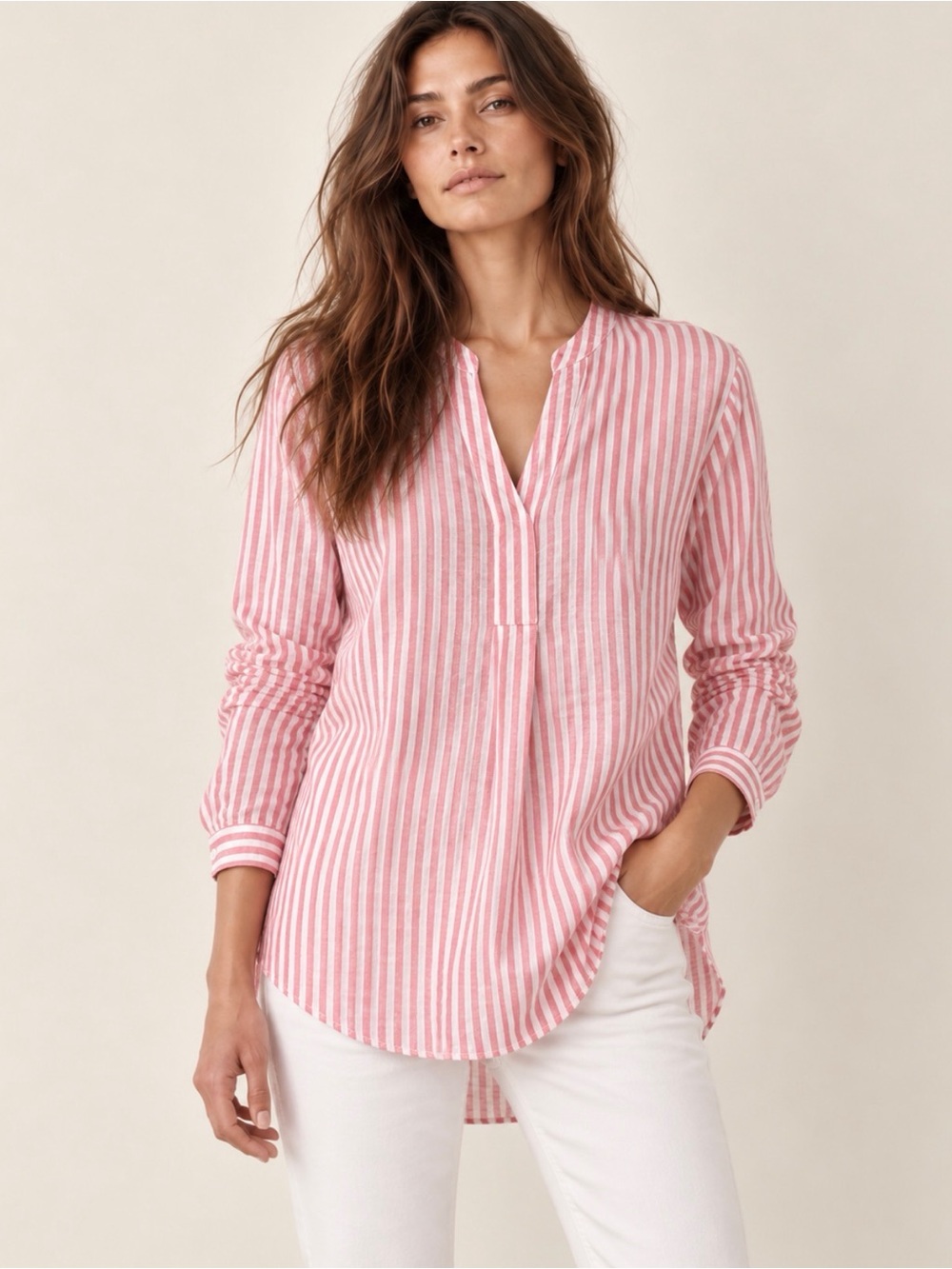 L.L.Bean 100% Linen Pink White Stripe Tunic Petite Large